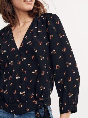 Madewell black floral print wrap top